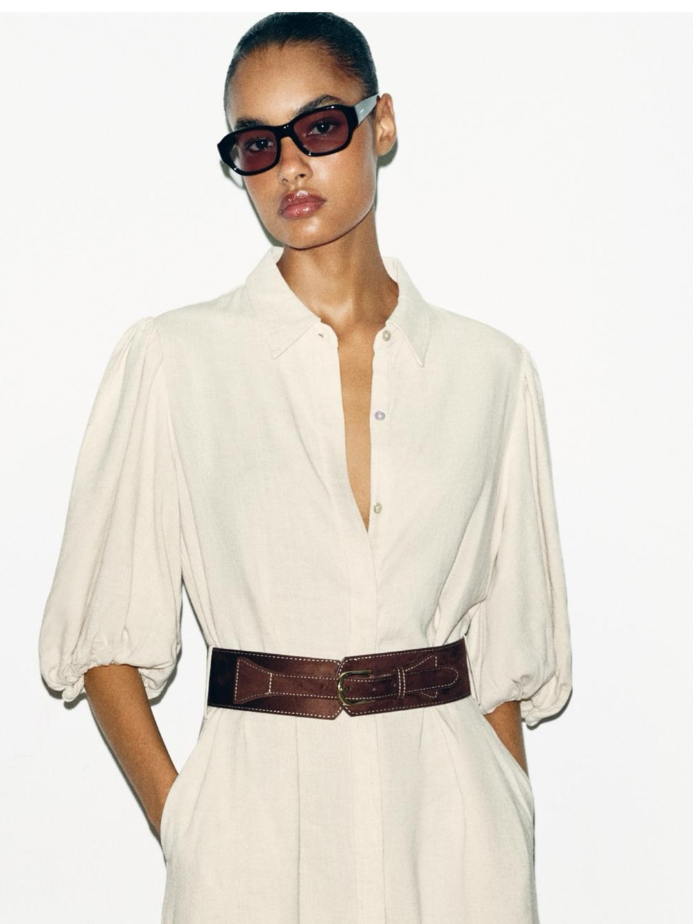 NWT ZAra maxi shirt dress with Brown Leather Waist Belt